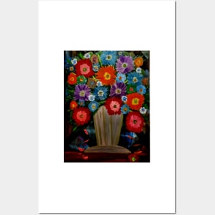 Some abstract carnations and mixed flowers in a  gold vase Posters and Art